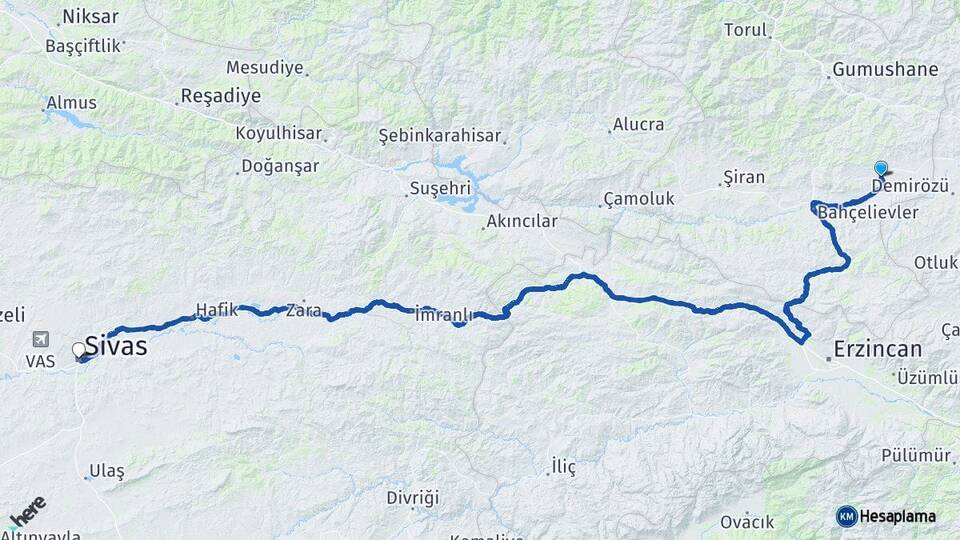Gümüşhane Köse Sivas Arası Kaç Km - Yol Haritası