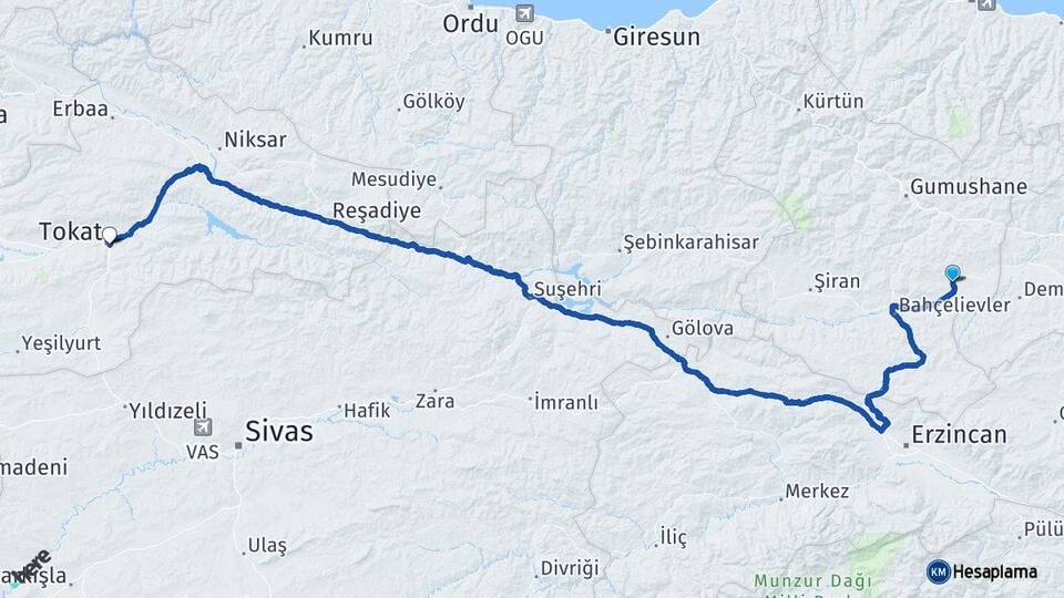Gümüşhane Köse Tokat Arası Kaç Km - Yol Haritası