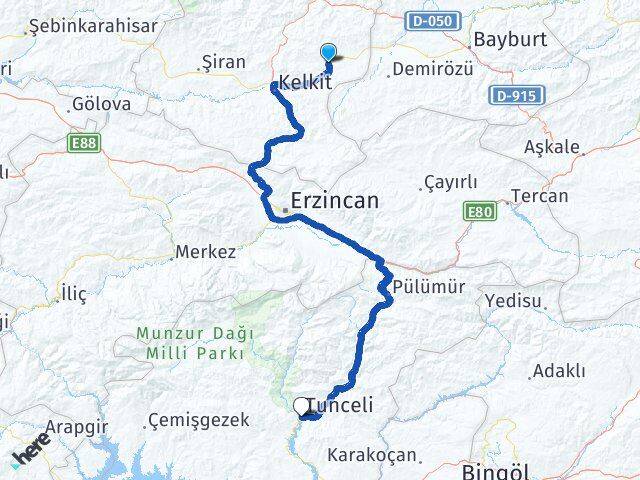 Gümüşhane Köse Tunceli Arası Kaç Km - Yol Haritası