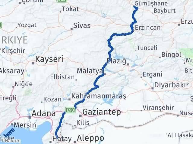Gümüşhane Kumlu Hatay Arası Kaç Km - Yol Haritası