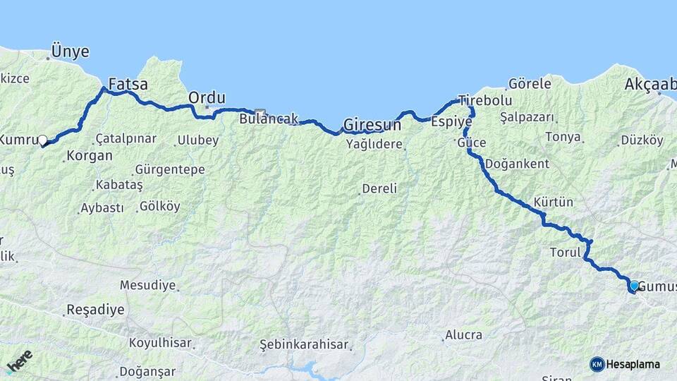 Gümüşhane Kumru Ordu Arası Kaç Km - Yol Haritası