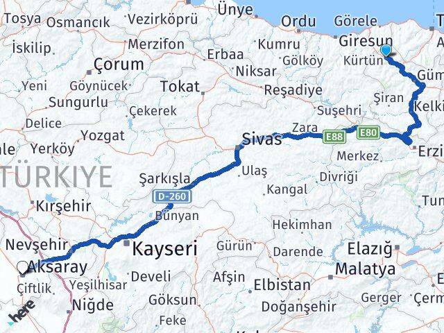 Gümüşhane Kürtün Aksaray Arası Kaç Km - Yol Haritası