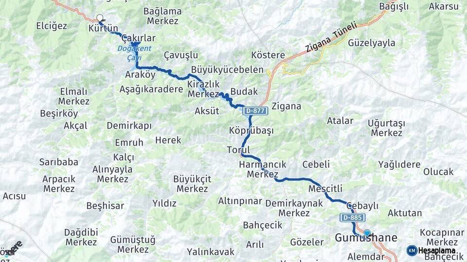 Gümüşhane Kürtün Arası Kaç Km - Yol Haritası