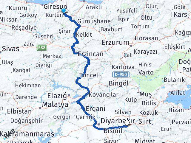 Gümüşhane Kürtün Batman Arası Kaç Km - Yol Haritası