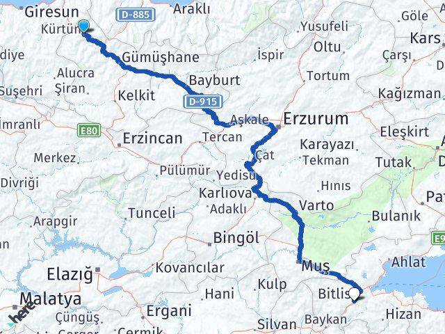 Gümüşhane Kürtün Bitlis Arası Kaç Km - Yol Haritası