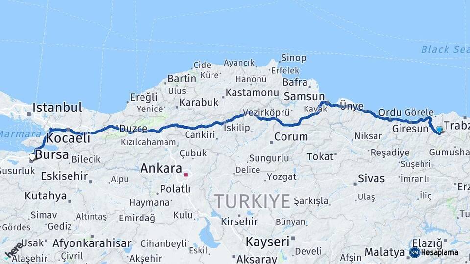 Gümüşhane Kürtün Bursa Arası Kaç Km - Yol Haritası