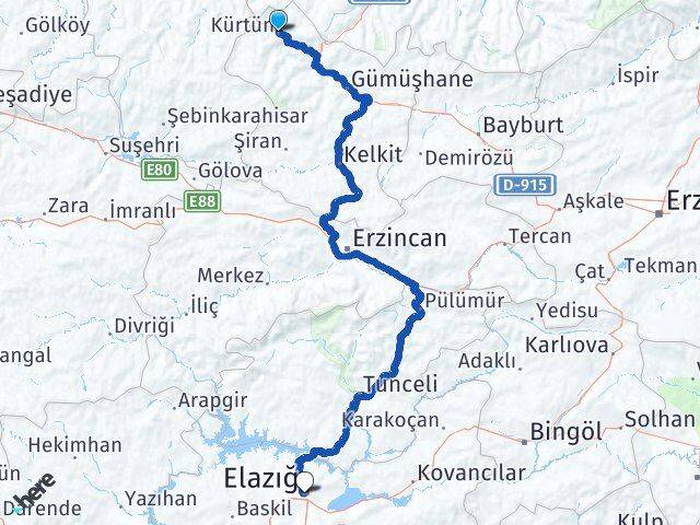 Gümüşhane Kürtün Elazığ Arası Kaç Km - Yol Haritası
