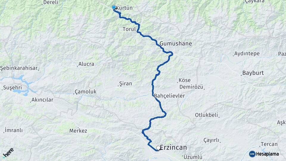 Kürtün Erzincan Arası Kaç Km - Yol Tarifi
