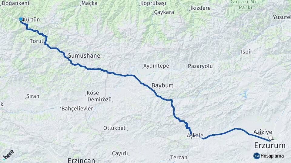 Gümüşhane Kürtün Erzurum Arası Kaç Km - Yol Haritası