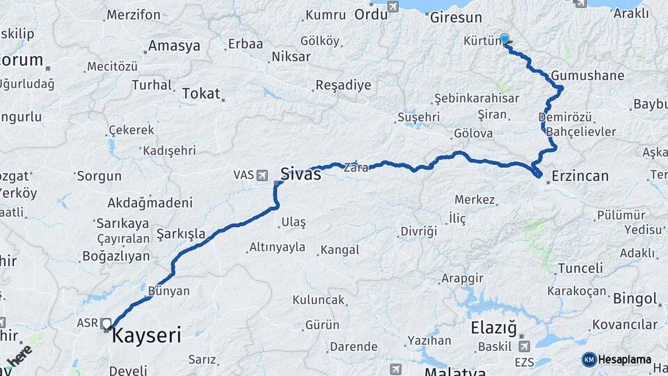 Gümüşhane Kürtün Kayseri Arası Kaç Km - Yol Haritası
