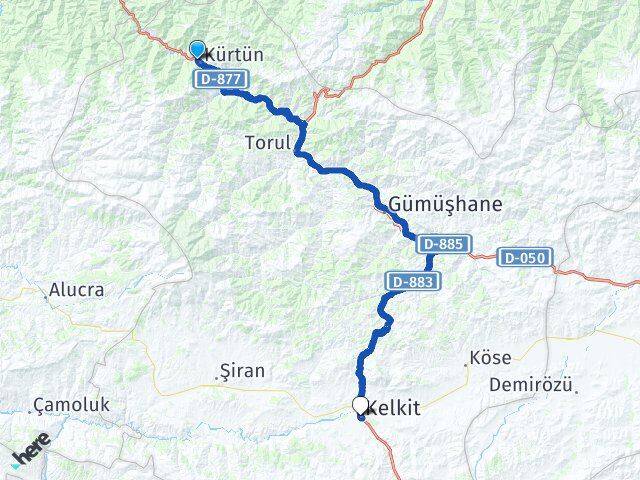 Gümüşhane Kürtün Kelkit Arası Kaç Km - Yol Haritası