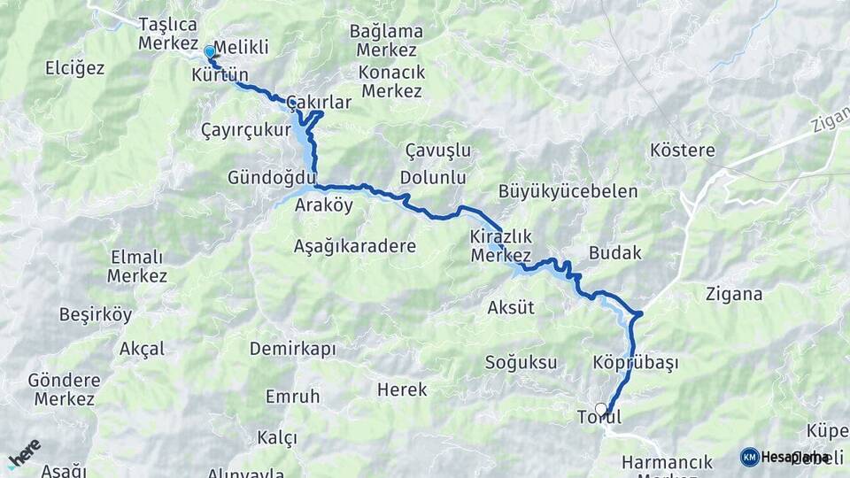 Gümüşhane Kürtün Torul Arası Kaç Km - Yol Haritası