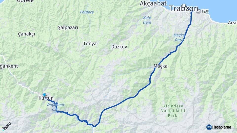 Gümüşhane Kürtün Trabzon Arası Kaç Km - Yol Haritası