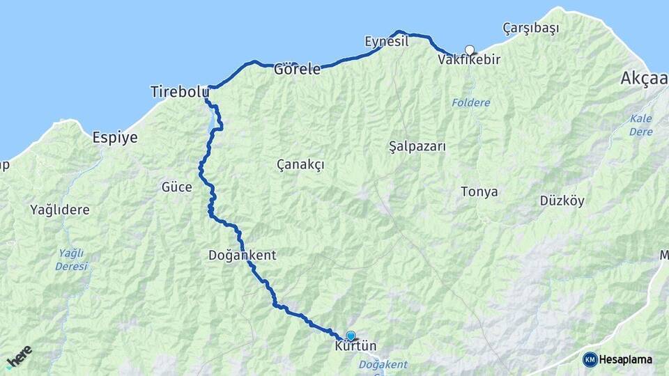 Gümüşhane Kürtün Vakfıkebir Trabzon Arası Kaç Km - Yol Haritası