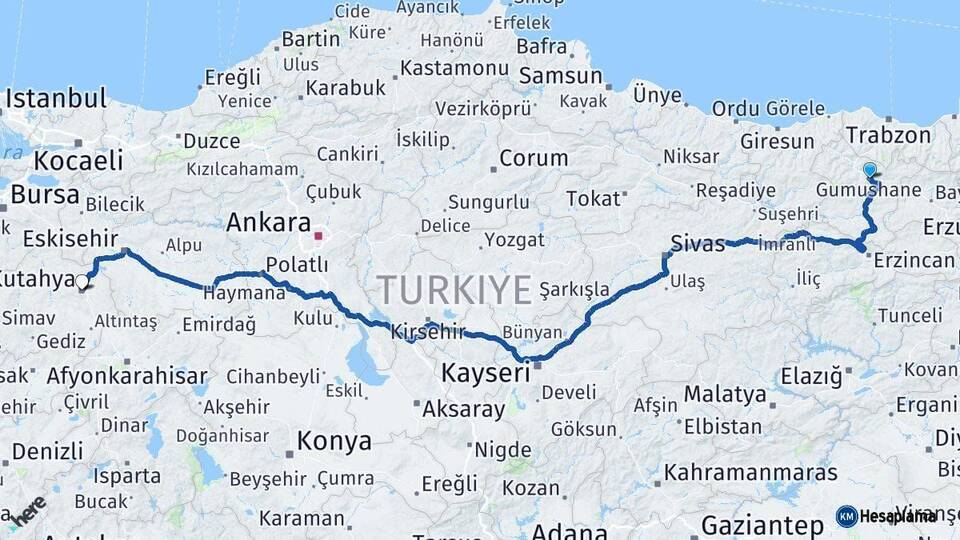 Gümüşhane Kütahya Arası Kaç Km - Yol Haritası