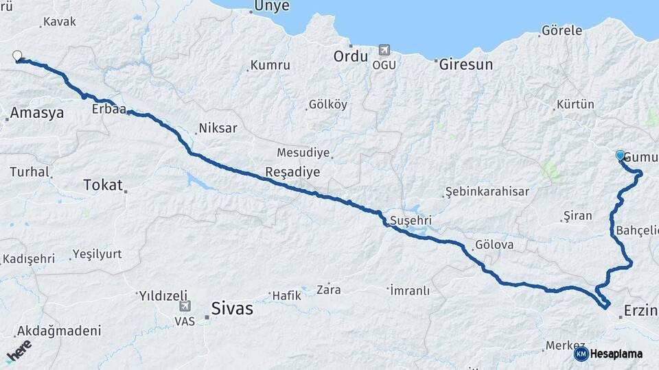 Gümüşhane Ladik Samsun Arası Kaç Km - Yol Haritası