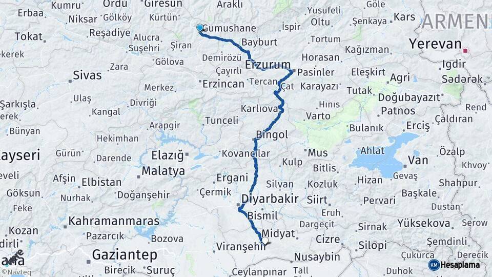 Gümüşhane Mardin Arası Kaç Km - Yol Haritası