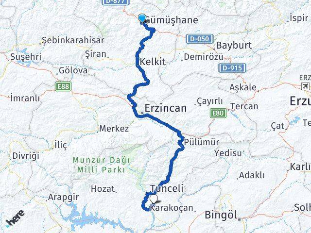 Gümüşhane Mazgirt Tunceli Arası Kaç Km - Yol Haritası