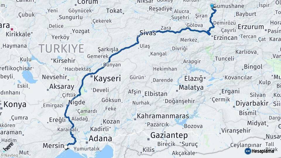 Gümüşhane Mersin Arası Kaç Km - Yol Haritası