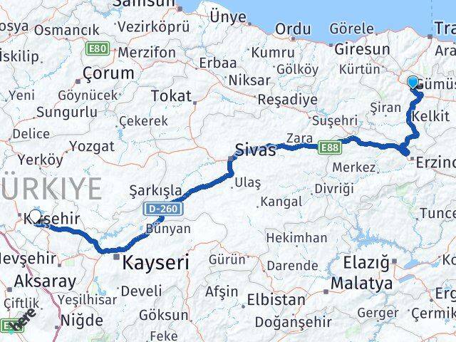 Gümüşhane Mucur Kırşehir Arası Kaç Km - Yol Haritası