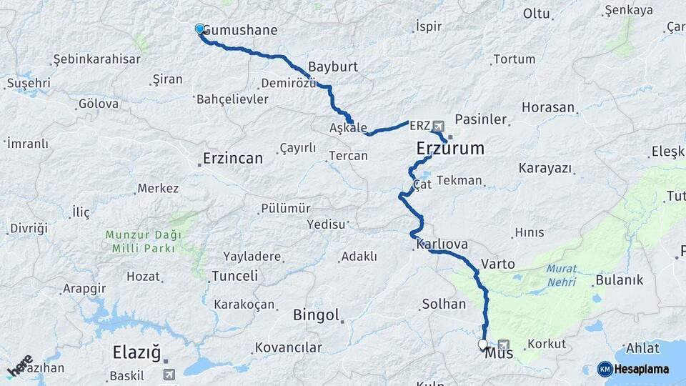 Gümüşhane Muş Arası Kaç Km - Yol Haritası