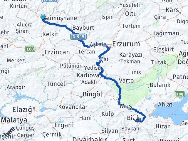 Gümüşhane Mutki Bitlis Arası Kaç Km - Yol Haritası