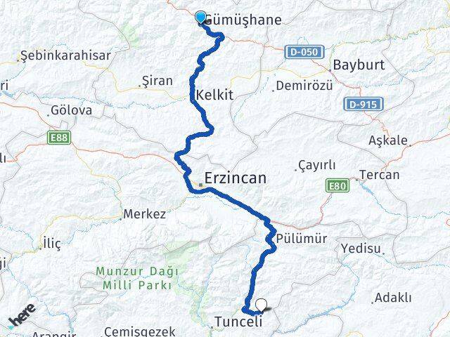 Gümüşhane Nazımiye Tunceli Arası Kaç Km - Yol Haritası