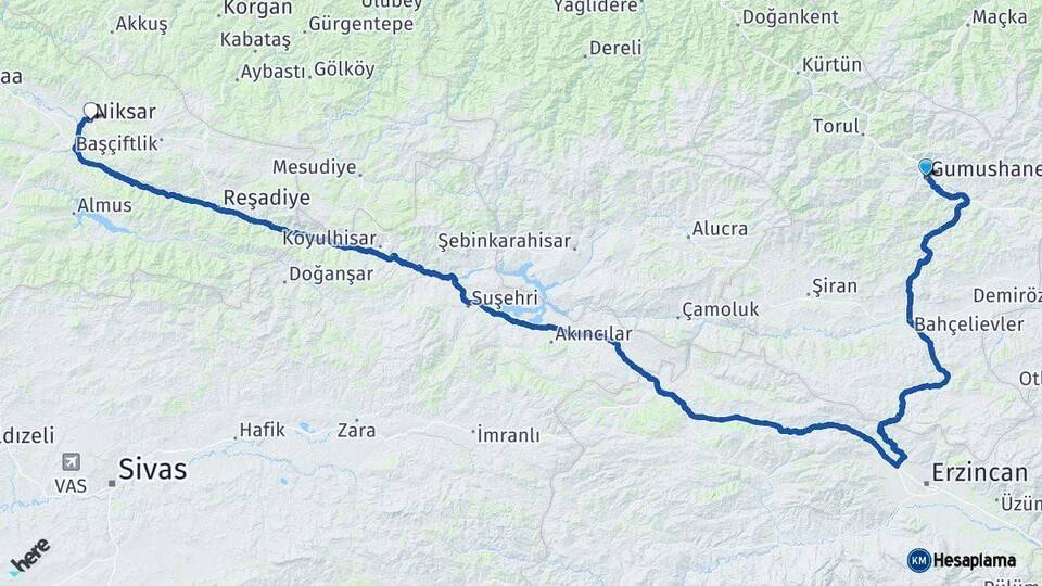 Gümüşhane Niksar Tokat Arası Kaç Km - Yol Haritası