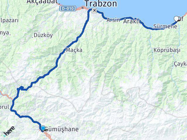 Gümüşhane Of Trabzon Arası Kaç Km - Yol Haritası
