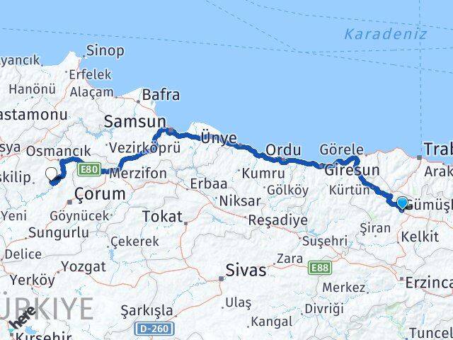 Gümüşhane Oğuzlar Çorum Arası Kaç Km - Yol Haritası