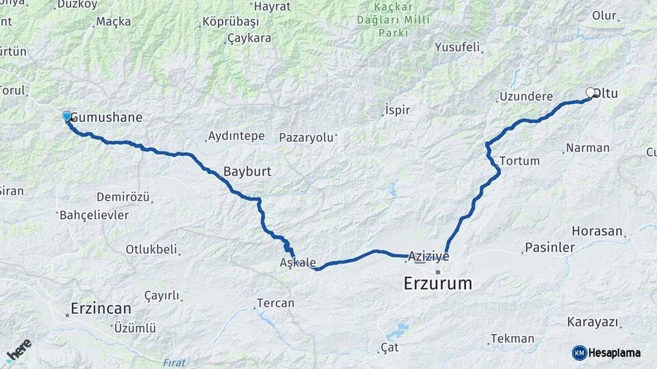 Gümüşhane Oltu Erzurum Arası Kaç Km - Yol Haritası