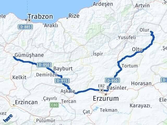 Gümüşhane Olur Erzurum Arası Kaç Km - Yol Haritası