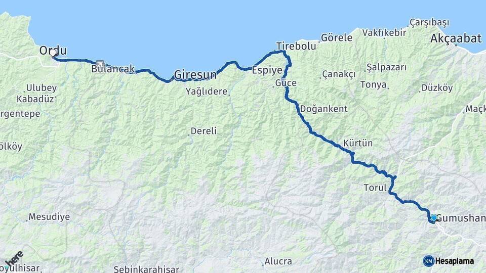 Gümüşhane Ordu Arası Kaç Km - Yol Haritası