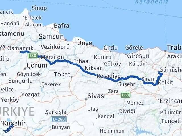 Gümüşhane Osmancık Çorum Arası Kaç Km - Yol Haritası