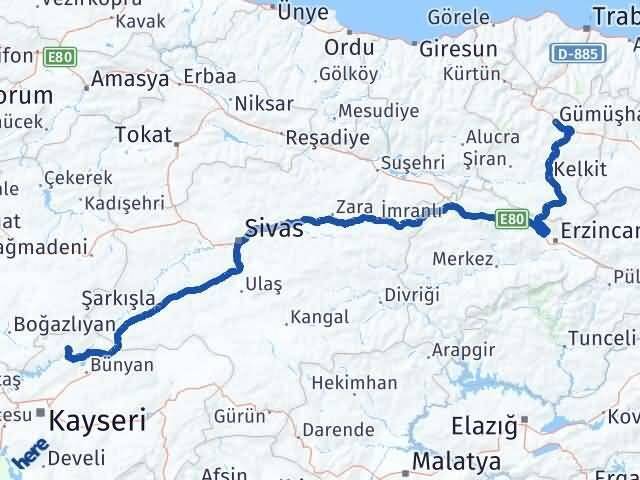 Gümüşhane Özvatan Kayseri Arası Kaç Km - Yol Haritası