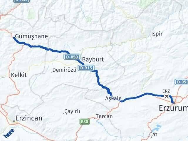 Gümüşhane Palandöken Erzurum Arası Kaç Km - Yol Haritası