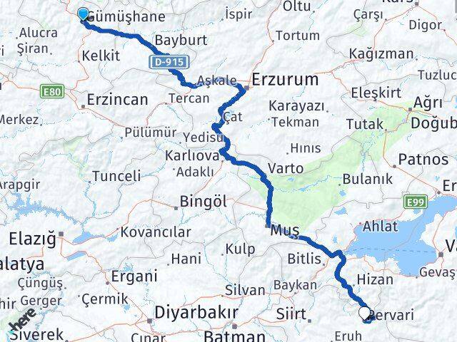 Gümüşhane Pervari Siirt Arası Kaç Km - Yol Haritası