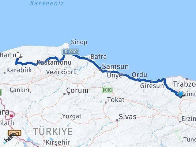 Gümüşhane Pınarbaşı Kastamonu Arası Kaç Km - Yol Haritası