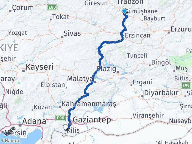 Gümüşhane Polateli Kilis Arası Kaç Km - Yol Haritası