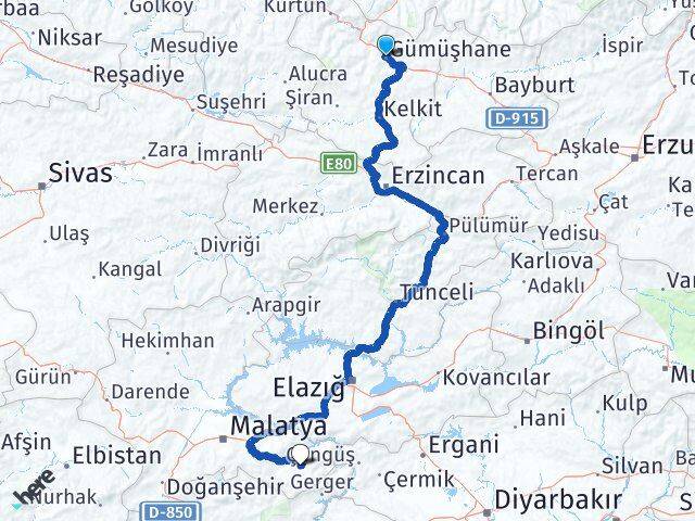 Gümüşhane Pütürge Malatya Arası Kaç Km - Yol Haritası