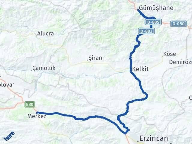 Gümüşhane Refahiye Erzincan Arası Kaç Km - Yol Haritası