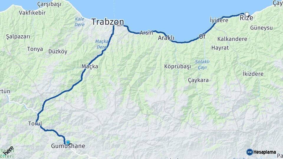 Gümüşhane Rize Arası Kaç Km - Yol Haritası