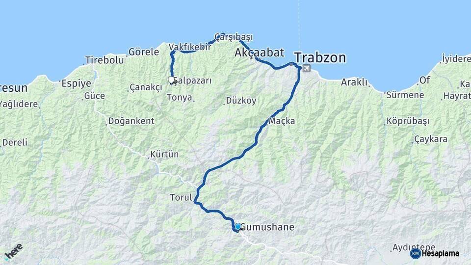 Gümüşhane Şalpazarı Trabzon Arası Kaç Km - Yol Haritası