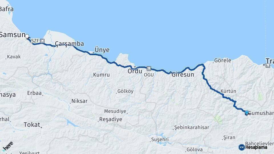 Gümüşhane Samsun Arası Kaç Km - Yol Haritası