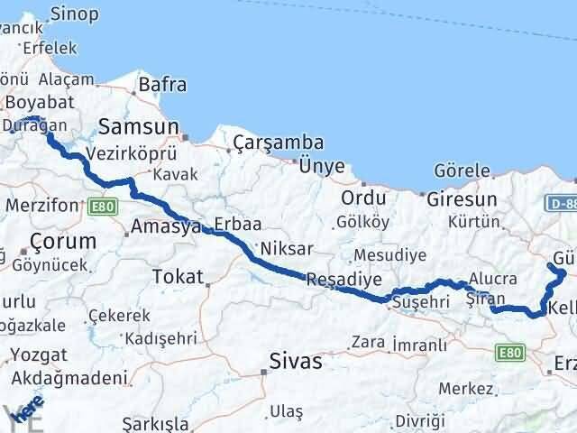 Gümüşhane Saraydüzü Sinop Arası Kaç Km - Yol Haritası