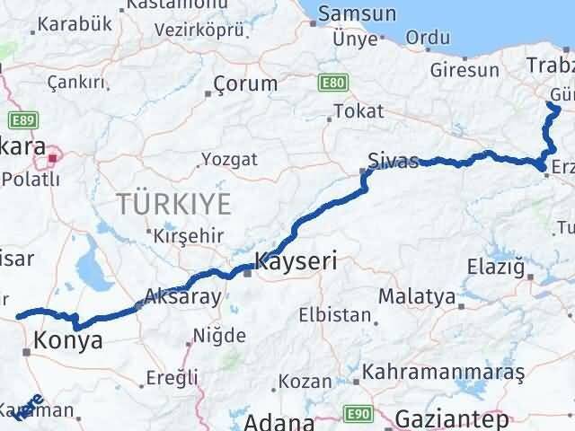 Gümüşhane Sarayönü Konya Arası Kaç Km - Yol Haritası