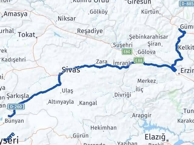 Gümüşhane Sarıoğlan Kayseri Arası Kaç Km - Yol Haritası