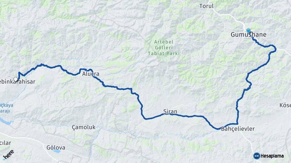 Gümüşhane Şebinkarahisar Giresun Arası Kaç Km - Yol Haritası