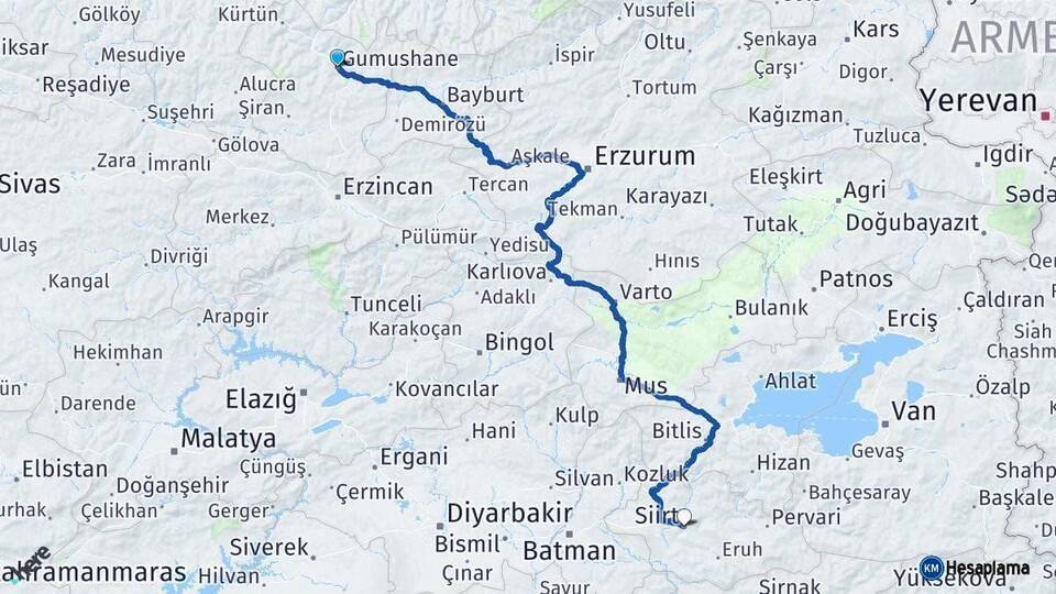 Gümüşhane Siirt Arası Kaç Km - Yol Haritası
