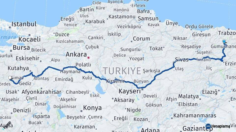 Gümüşhane Simav Kütahya Arası Kaç Km - Yol Haritası